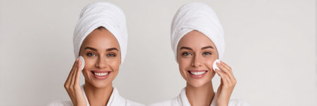 Two women with bright smiles are applying skincare products with cotton pads while wearing white bathrobes and towels in a bright bathroom.の素材