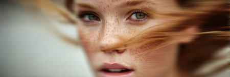 A natural freckled face captured in motion blur, showcasing soft colors and an empty top third, conveying a serene and dynamic atmosphere.の素材