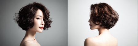 Portrait highlights a modern Asian bob hairstyle with soft curls, set against a simple gradient background, capturing contemporary style and elegance.の素材