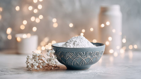 White flour sits in an intricately designed bowl, complemented by soft lighting and dried flowers, creating a cozy kitchen atmosphere.の素材