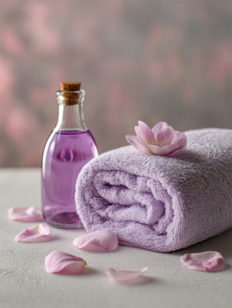 Rolled lavender towel paired with a glass bottle of scented oil and flower petals, creating a tranquil atmosphere ideal for self-care and relaxation.の素材