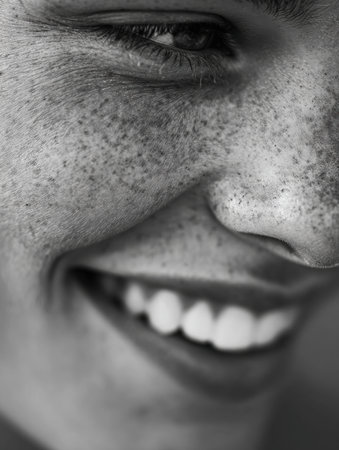 Texture of skin on smiling face showcases natural grain and features in monochrome, emphasizing happiness and uniqueness without distractions in background.の素材