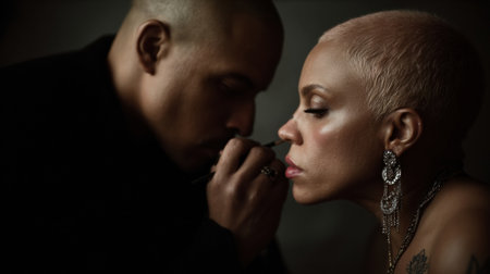 Close-up of a makeup artist applying detailed lipstick on a model, showcasing artistry and connection in a low-lit, atmospheric environment.の素材