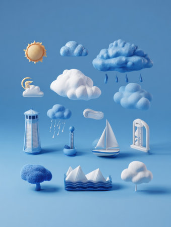 Soft, textured representations of clouds, sun, rain, and sea elements create a whimsical atmosphere, featuring a lighthouse and sailboat on a blue background.の素材