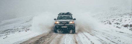 A four-wheel drive vehicle pushes through deep snow on a rough, unpaved road surrounded by a winter landscape, showing the challenges of off-roading.の素材