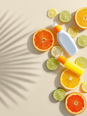 Colorful orange and lime slices surround two sunscreen bottles on neutral backdrop, creating a vibrant summer vibe with playful shadow patterns.の素材