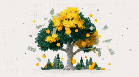 Colorful tree with bright yellow leaves stands amidst pine trees while coins and dollar bills fall around creating a whimsical financial landscape.の素材