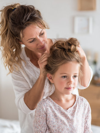 A mother styles carefully her daughters hair at home, creating a nurturing atmosphere filled with love and attention during a relaxed morning.の素材