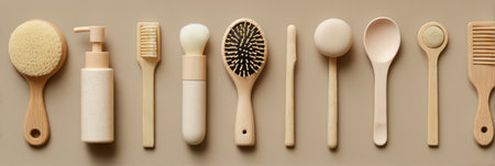 Modern beauty tools are neatly arranged on a beige surface, highlighting simplicity and functionality in daily self-care routines.の素材