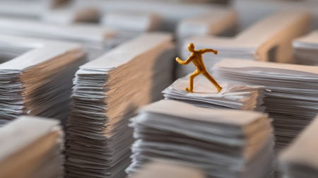 A small yellow figure runs atop tall stacks of paper, representing the journey through challenges and obstacles in a creative and symbolic way.の素材