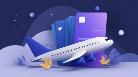 An illustration featuring a stylized airplane in front of multiple colorful travel cards, set against a dark blue backdrop with abstract shapes and leaves.の素材