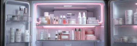 Skincare refrigerator features neatly arranged beauty products illuminated by neon accents, showing a stylish approach to preserving skincare items.の素材