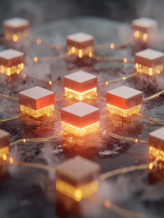 A network of glowing nodes connected by thin lines of light, showcasing a futuristic design on a dark surface, evoking a technological atmosphere.の素材