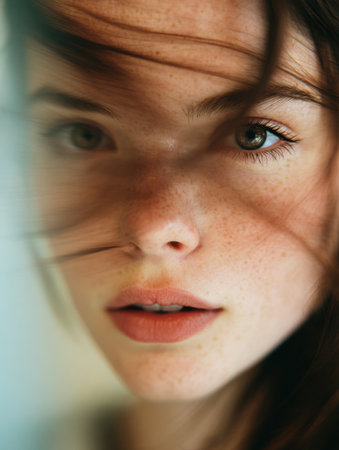 A freckled face appears in motion blur, showing natural beauty with soft hues. The top area is left blank, enhancing the minimalistic feel of the moment.の素材