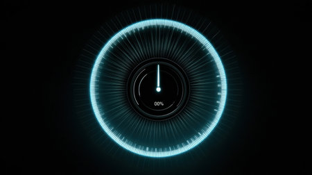 A circular loading indicator shows a bright blue progress ring with a needle pointing at zero percent on a black backdrop, suggesting waiting status.の素材