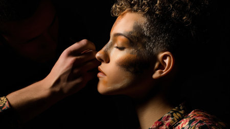 Evening studio setting showcases a makeup artist meticulously applying creative makeup to a model, highlighting artistic expression and beauty.の素材