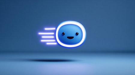 A friendly blue character appears to be in motion, illuminated by vibrant glowing lines, set against a smooth, minimal gray background.の素材