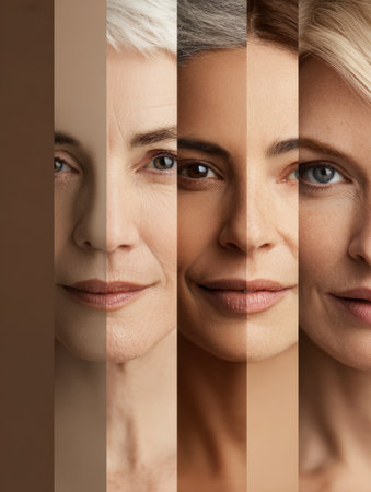 Multi-angle view of diverse faces emphasizes skincare confidence, highlighting textures and tones in soft neutral shades, suitable for a variety of backgrounds.の素材