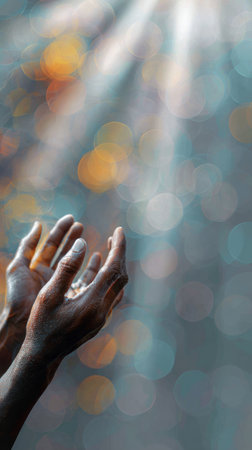 Hands reach upward, catching beams of light surrounded by a soft, colorful blur, symbolizing hope and connection to a higher energy or mindfulness.の素材