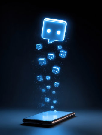 Glowing chat icons rise from a smartphone, symbolizing digital conversations and connectivity in a dark environment, highlighting modern communication.の素材