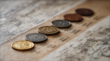 Various historical coins are carefully arranged on an old map, highlighting intricate designs and details while reflecting soft natural light.の素材