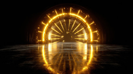 Circular patterns of bright light create a stunning visual contrast against a dark, reflective floor, showcasing a striking futuristic atmosphere.の素材