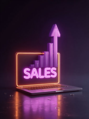 A laptop on a shiny surface highlights a neon sales sign and a growth graph, symbolizing online business success.の素材