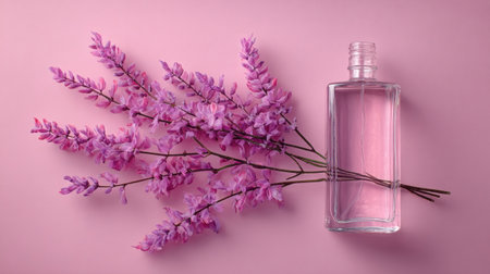 Delicate purple flowers lie next to a clear glass bottle against a soft pink background, evoking a serene and soothing atmosphere ideal for wellness.の素材