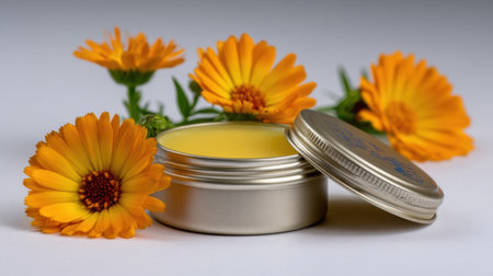 A small tin of yellow balm rests besides vibrant orange calendula flowers, showing the natural ingredients used for skin care and healing.の素材