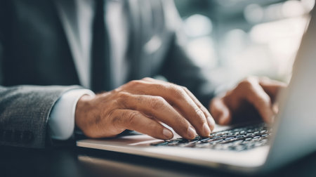 Business professional is typing on a laptop in a modern office setting, concentrating on a project during typical work hours with a sense of urgency.の素材