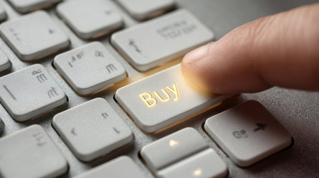 A finger poised above the buy key on a laptop keyboard indicates the decision to proceed with an online purchase in a home office setting.の素材