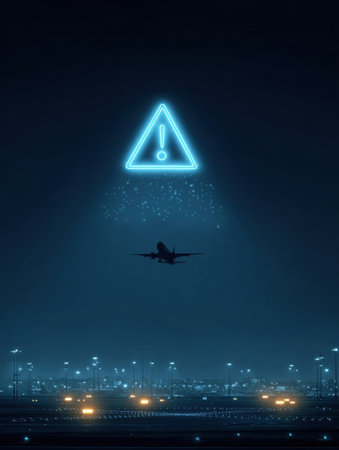 An airplane approaches landing at a bustling airport at night, illuminated by ground lights and a bright neon warning sign overhead.の素材