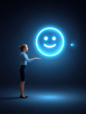 A woman in business attire stands in a dark space, engaging with a luminous smiley face that illuminates her surroundings, representing optimism and creativity.の素材