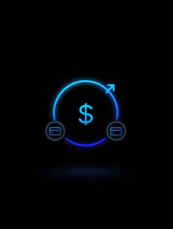 A glowing blue dollar symbol surrounded by rotating arrows and two financial icons on either side, illustrating financial transactions in a modern setting.の素材