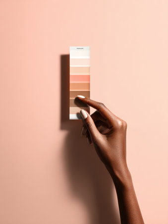 A hand is carefully choosing a skin tone from a chart displayed against a soft, light background, emphasizing the selection process for color matching.の素材