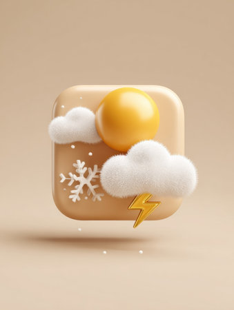 Vibrant and playful weather app icon features a sun, snowflake, and clouds with lightning, all designed with fluffy textures on a smooth beige surface.の素材