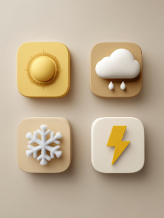 Four weather app icons featuring sun, rain, snow, and lightning designs create a modern, minimalistic look against a soft neutral backdrop.の素材