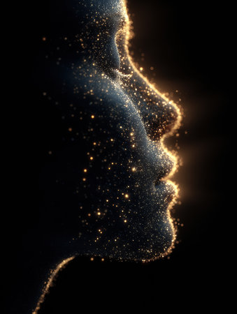 A captivating silhouette reveals a facial profile surrounded by shimmering particles, symbolizing skin renewal and vitality against a deep dark backdrop.の素材