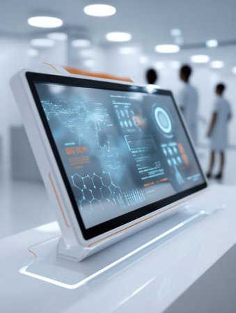 Futuristic interface display presents detailed skincare analysis during a consultation at a modern dermatology clinic, enhancing patient care and communication.の素材
