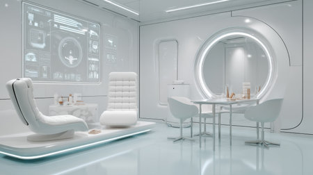 Consultation session at a cutting-edge dermatology clinic with advanced interface technology displayed on the wall, emphasizing skincare treatment options.の素材