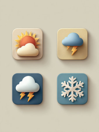 Four digital icons depict various weather conditions including sunshine, rain with lightning, snow, and clouds, designed with a 3D effect and pastel colors.の素材