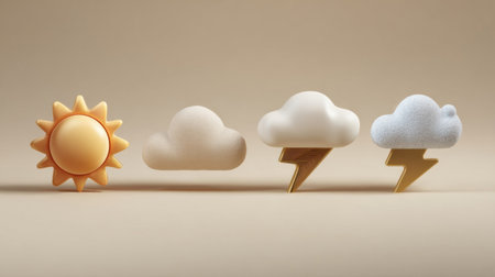Colorful weather icons illustrate sunny and stormy conditions through playful shapes emphasizing sun, clouds, and lightning, set against a beige backdrop.の素材