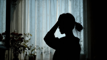 A woman stands at a window, brushing her hair gracefully as soft light illuminates the space, creating a serene and dreamy ambiance in the room.の素材