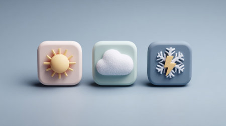 Three soft-colored weather icons display a sun, a cloud, and a thunderbolt. Each icon features simple designs suitable for digital or physical use.の素材