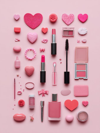 Creative arrangement of pink hearts and beauty items set on a pastel background, designed for text input and appealing to cosmetics enthusiastsの素材