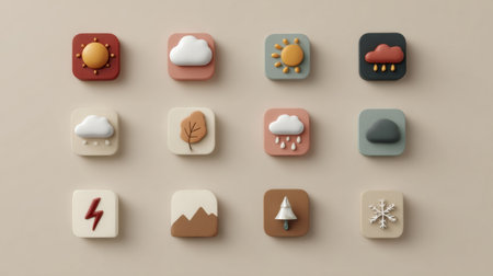 Colorful weather icons represent different conditions like sun, clouds, rain, and snow, arranged neatly in a grid format on a soft background.の素材