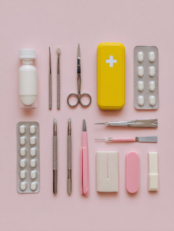 Aesthetic medical tools and supplies are neatly organized on a pastel pink background, illuminated by soft light, highlighting their functionalities and design.の素材