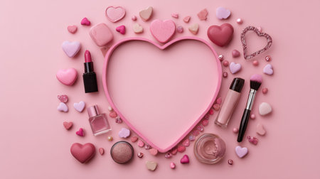 A charming flat lay features a variety of beauty icons surrounded by hearts in different shades of pink, creating a delightful aesthetic for text or captions.の素材
