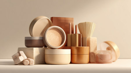 Makeup products are artistically arranged in a diagonal layout, featuring various containers and textures that highlight modern aesthetic trends.の素材