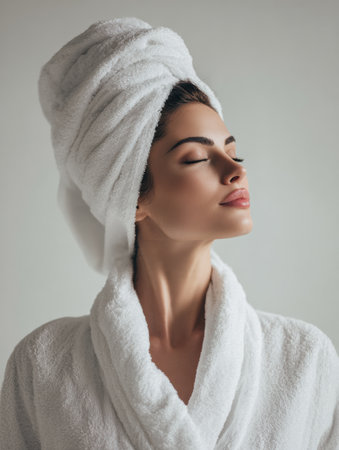 Serene woman in white robe with a towel on her head is patiently waiting for her spa procedure, basking in a peaceful atmosphere of relaxation.の素材